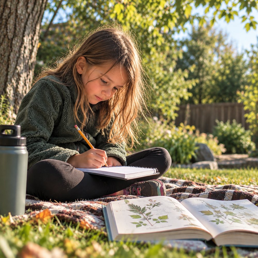 A child sketching in a notebook outdoors