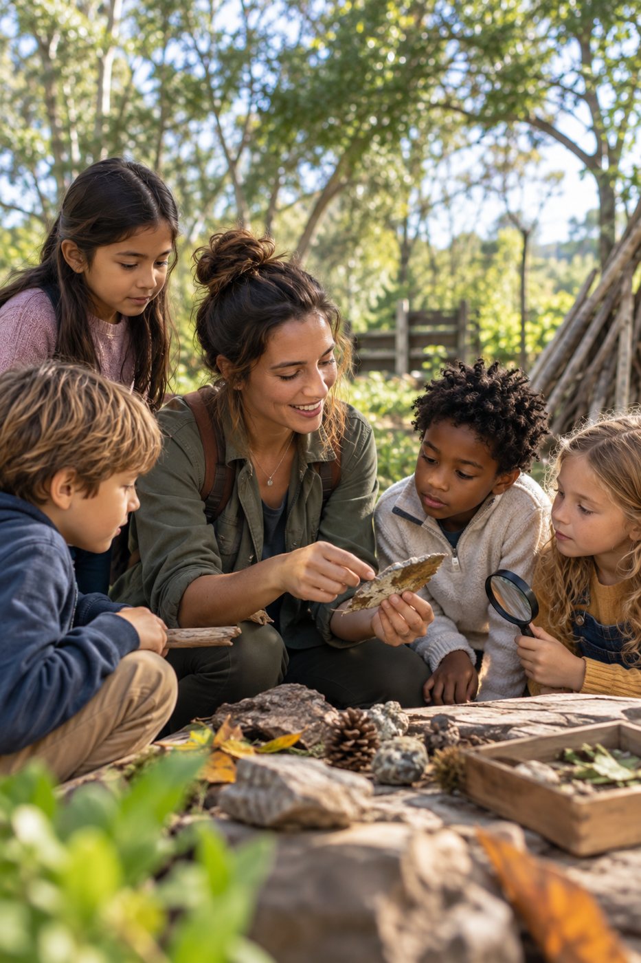 An educator showing a leaf to four children outdoors, with rocks and pinecones laid out on a stone